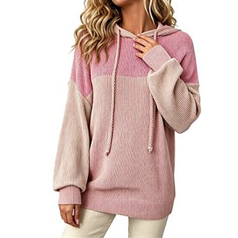 Women Color Block Hoodie Drawstring Long Sleeve Loose Fit Casual Pullover Sweatshirt