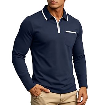Mens Quarter Zip Long Sleeve Polo Shirts Contrast Trim Collar Casual Tops
