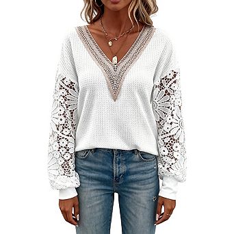 Women Contrast Lace V Neck Waffle Knit Top Hollow Lace Long Sleeve Relaxed Fit Casual Blouse