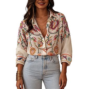 Women Floral Print Button Down Shirt Lapel Collar Long Cuffed Sleeve Loose Fit Casual Blouse Top