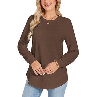 Women Crew Neck Knit Long Sleeve Tunic Top Rib Cuff Curved Hem Loose Fit Casual Blouse