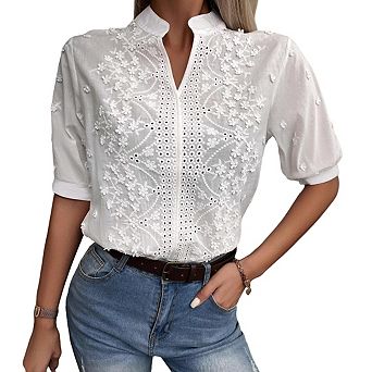 Women Stand Collar Floral Embroidery Eyelet Blouse Half Placket Puff Short Sleeve Loose Casual Shirt
