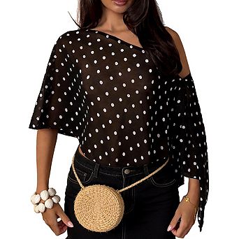 Women Polka Dot Sheer Off Shoulder Blouse Loose Flowy Batwing Short Sleeve See Through Cover Up Top