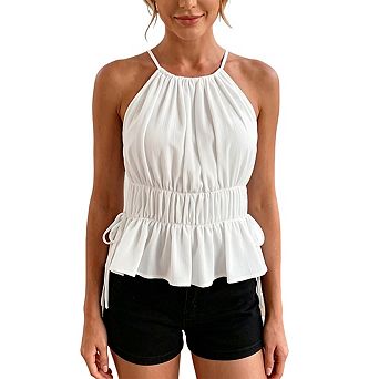 Women Halter Spaghetti Strap Peplum Cami Top Elastic Smocked Waist Sleeveless Summer Blouse
