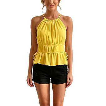 Women Halter Spaghetti Strap Peplum Cami Top Elastic Smocked Waist Sleeveless Summer Blouse