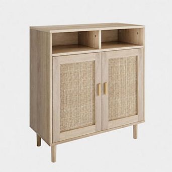 Rattan Sideboard Buffet Cabinet, Boho Storage Cabinet with 2 Doors, Open Shelf for Living Room