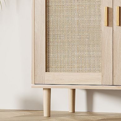Rattan Sideboard Buffet Cabinet, Boho Storage Cabinet with 2 Doors, Open Shelf for Living Room