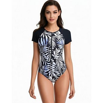 Swimsuits for Women Rash Guard One Piece Swimsuits Surf Short Sleeve Bathing Suit Swimwear