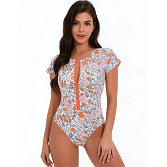 Swimsuits for Women Rash Guard One Piece Swimsuits Surf Short Sleeve Bathing Suit Swimwear