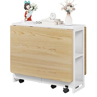 Expandable Drop Leaf Kitchen Table Folding Dining Desk with Tiered Storage Shelves for Small Room