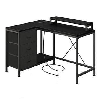 L Shaped Computer Desk with Power Outlets & LED Lights - 3 Drawers, Storage Shelves, Monitor Stand