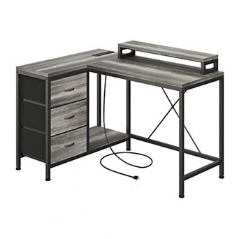 L Shaped Computer Desk with Power Outlets & LED Lights - 3 Drawers, Storage Shelves, Monitor Stand