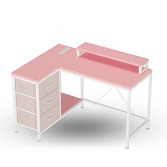 L Shaped Computer Desk with Power Outlets & LED Lights - 3 Drawers, Storage Shelves, Monitor Stand