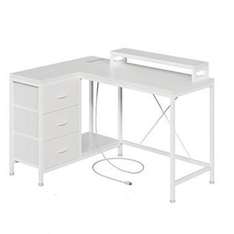 L Shaped Computer Desk with Power Outlets & LED Lights - 3 Drawers, Storage Shelves, Monitor Stand