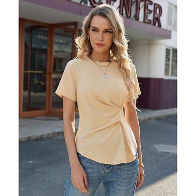 Crew Neck Side Twist Ruched Short Sleeve Slimming Wrap Effect Curved Hem Casual Everyday Tunic Tee