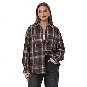 Oversized Plaid Flannel Button Down Shirt Lace Trim Cuff Relax Loose Fit Open Front Layering Shirt