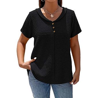 Textured Crinkle Wavy Fabric Peter Pan Collar Short Sleeve Henley Placket Casual Loose Fit Tops
