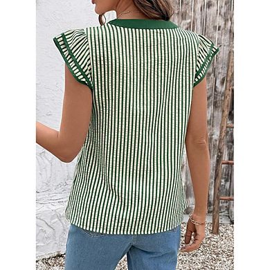 Vertical Stripe Stand Collar Split V Neck Ruffle Trim Cap Sleeve Loose Fit Casual Everyday Blouse