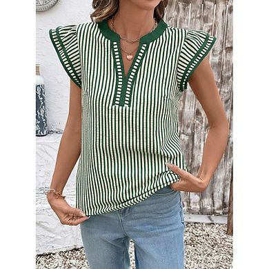 Vertical Stripe Stand Collar Split V Neck Ruffle Trim Cap Sleeve Loose Fit Casual Everyday Blouse
