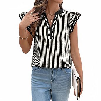 Vertical Stripe Stand Collar Split V Neck Ruffle Trim Cap Sleeve Loose Fit Casual Everyday Blouse