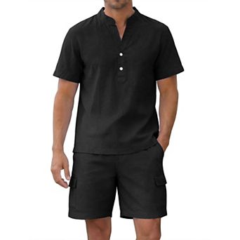 Men's 2 pc Linen Set Henley Shirts and Elastic Waist Shorts Summer Beach Vacation Outfit