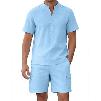 Men's 2 pc Linen Set Henley Shirts and Elastic Waist Shorts Summer Beach Vacation Outfit