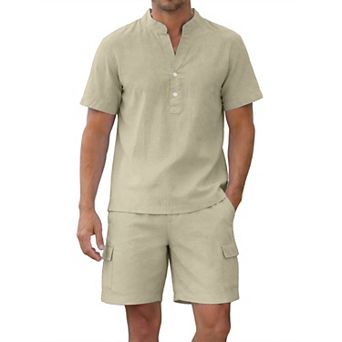 Men's 2 pc Linen Set Henley Shirts and Elastic Waist Shorts Summer Beach Vacation Outfit