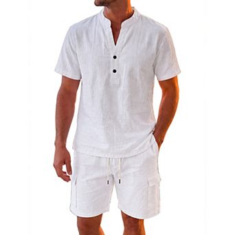 Men's 2 pc Linen Set Henley Shirts and Elastic Waist Shorts Summer Beach Vacation Outfit