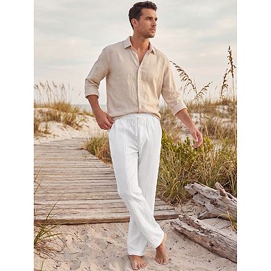 Men's Casual Striped Texture Relaxed Fit Breathable Drawstring Linen Pants