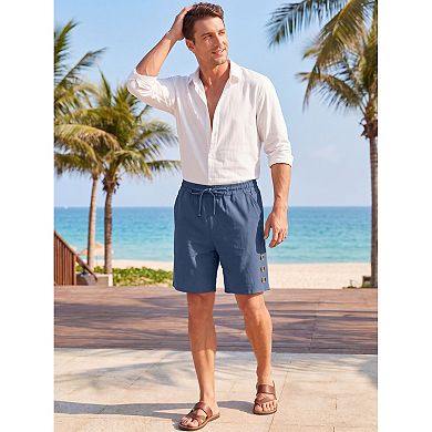 Men's Drawstring Knee Length Decorative Buttons Breathable Beach Linen Shorts