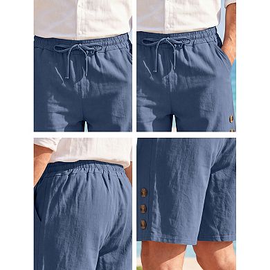 Men's Drawstring Knee Length Decorative Buttons Breathable Beach Linen Shorts
