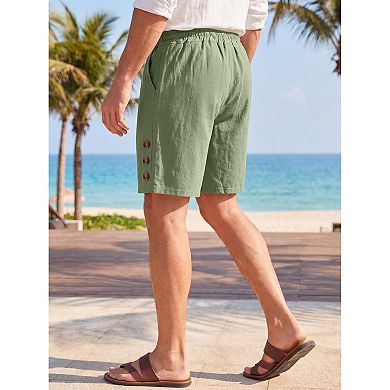 Men's Drawstring Knee Length Decorative Buttons Breathable Beach Linen Shorts