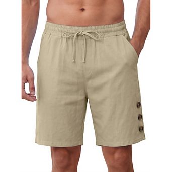 Men's Drawstring Knee Length Decorative Buttons Breathable Beach Linen Shorts
