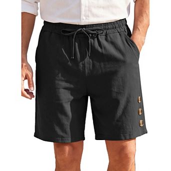 Men's Drawstring Knee Length Decorative Buttons Breathable Beach Linen Shorts