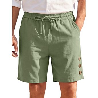 Men's Drawstring Knee Length Decorative Buttons Breathable Beach Linen Shorts