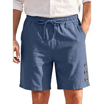 Men's Drawstring Knee Length Decorative Buttons Breathable Beach Linen Shorts
