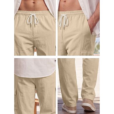 Men's Casual Breathable Drawstring Waist Straight Leg Linen Cargo Pants