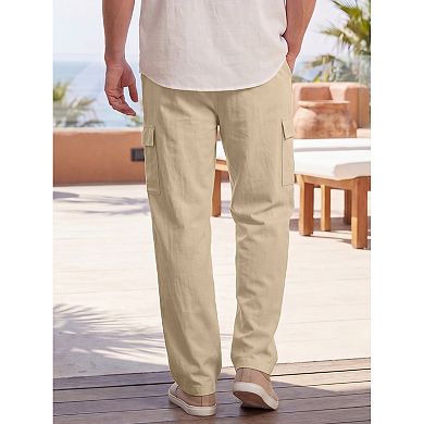 Men's Casual Breathable Drawstring Waist Straight Leg Linen Cargo Pants