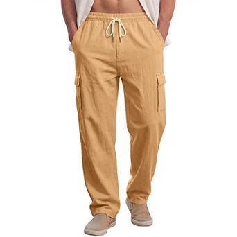 Men's Casual Breathable Drawstring Waist Straight Leg Linen Cargo Pants