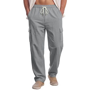 Men's Casual Breathable Drawstring Waist Straight Leg Linen Cargo Pants