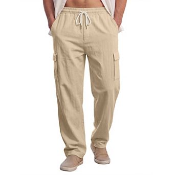 Men's Casual Breathable Drawstring Waist Straight Leg Linen Cargo Pants