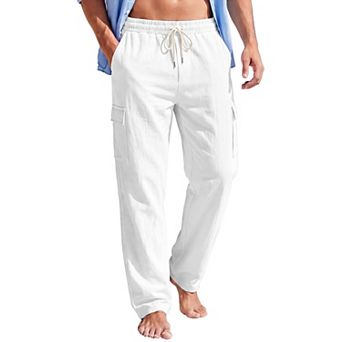 Men's Casual Breathable Drawstring Waist Straight Leg Linen Cargo Pants