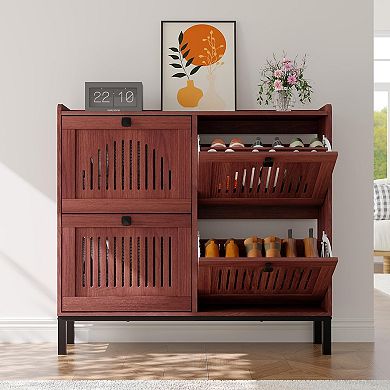 Shoe Storage Cabinet with 4 Flip Drawer, Shoes Organizer with Hollow Out Panel & Black Square Handle