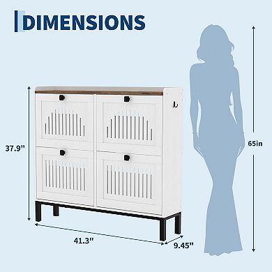 Shoe Storage Cabinet with 4 Flip Drawer, Shoes Organizer with Hollow Out Panel & Black Square Handle