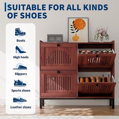 Shoe Storage Cabinet with 4 Flip Drawer, Shoes Organizer with Hollow Out Panel & Black Square Handle