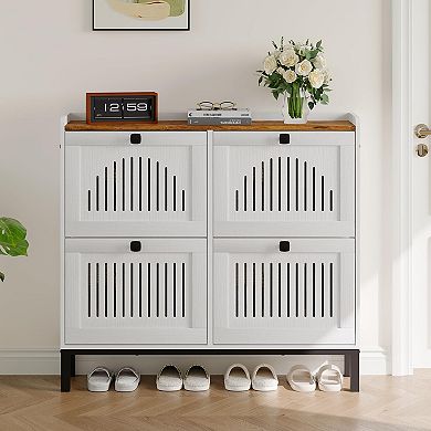 Shoe Storage Cabinet with 4 Flip Drawer, Shoes Organizer with Hollow Out Panel & Black Square Handle