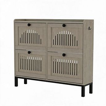 Shoe Storage Cabinet with 4 Flip Drawer, Shoes Organizer with Hollow Out Panel & Black Square Handle