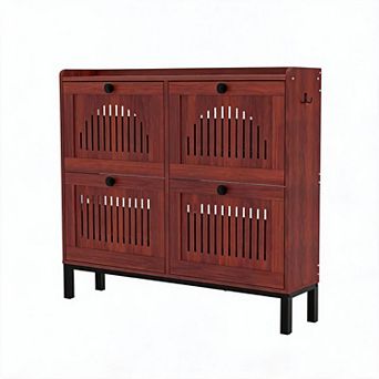 Shoe Storage Cabinet with 4 Flip Drawer, Shoes Organizer with Hollow Out Panel & Black Square Handle