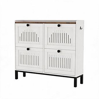 Shoe Storage Cabinet with 4 Flip Drawer, Shoes Organizer with Hollow Out Panel & Black Square Handle