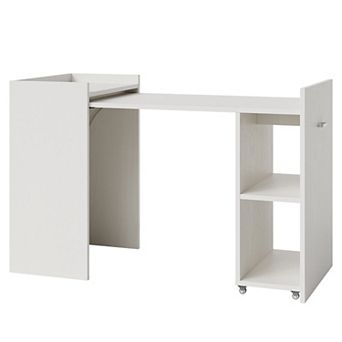 Foldable Computer Desk with Storage Shelves & Wheels, Space Saving Folding Writing Desk
